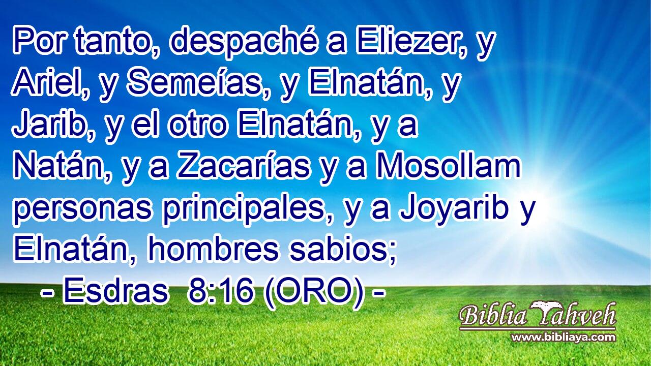  Por tanto, despaché a Eliezer, y Ariel, y Semeías, y Elnatán, y Jarib, y el otro Elnatán, y a Natán, y a Zacarías y a Mosollam personas principales, y a Joyarib y Elnatán, hombres sabios; 