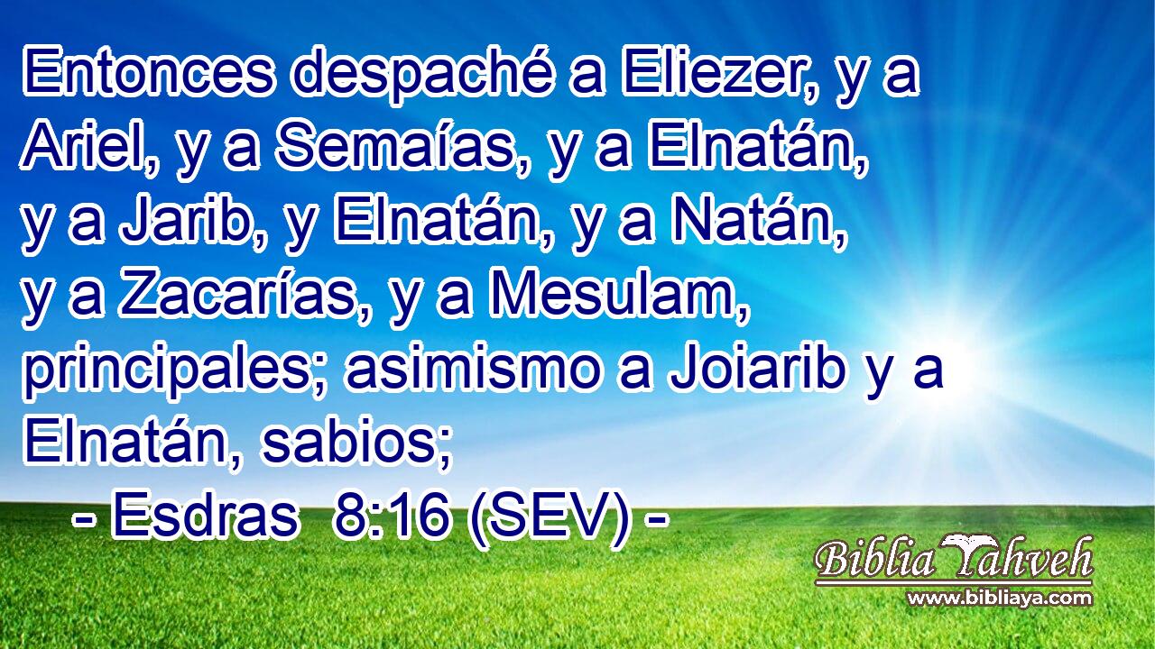 Entonces despaché a Eliezer, y a Ariel, y a Semaías, y a Elnatán, y a Jarib, y Elnatán, y a Natán, y a Zacarías, y a Mesulam, principales; asimismo a Joiarib y a Elnatán, sabios;