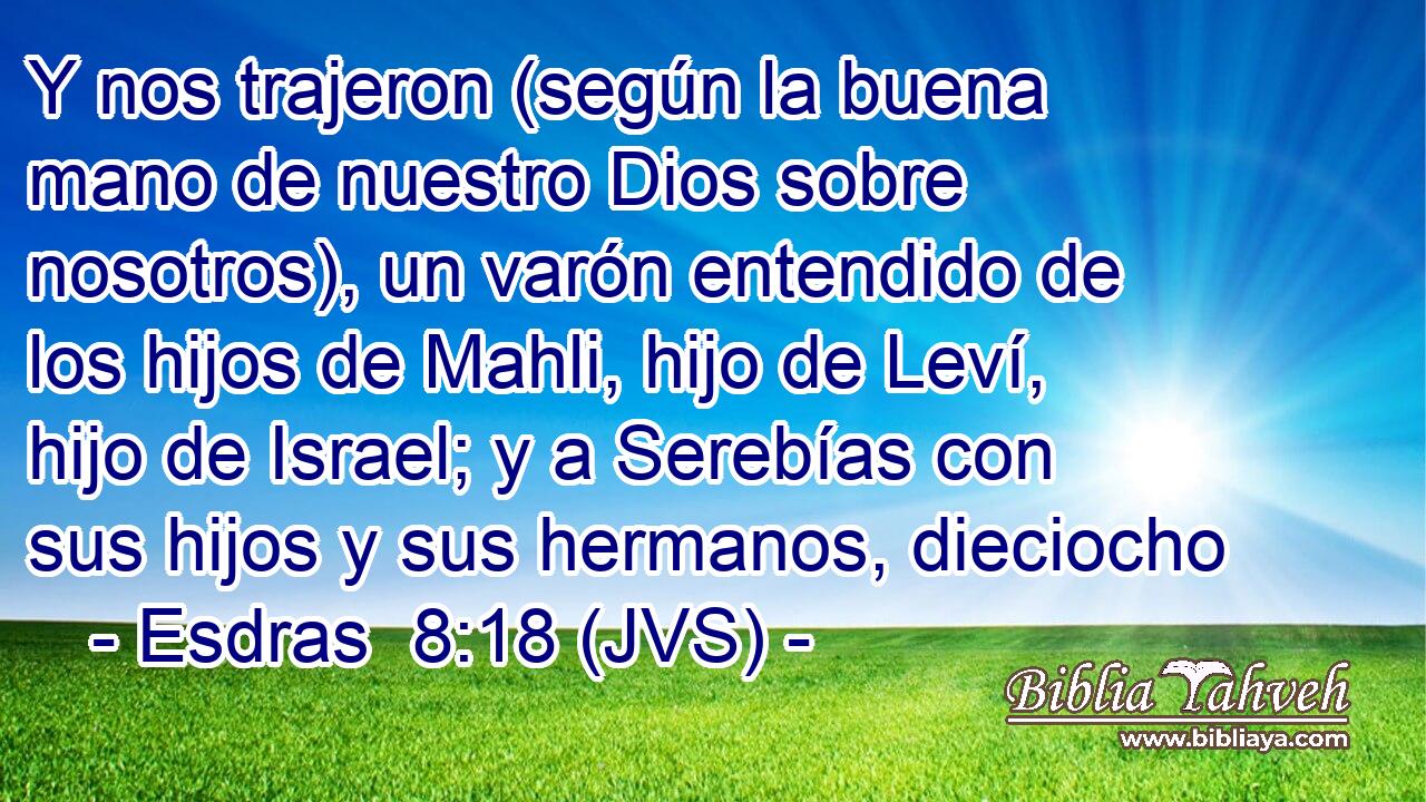 Y nos trajeron (según la buena mano de nuestro Dios sobre nosotros), un varón entendido de los hijos de Mahli, hijo de Leví, hijo de Israel; y a Serebías con sus hijos y sus hermanos, dieciocho