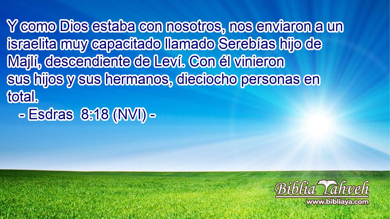  Y como Dios estaba con nosotros, nos enviaron a un israelita muy capacitado llamado Serebías hijo de Majlí, descendiente de Leví. Con él vinieron sus hijos y sus hermanos, dieciocho personas en total. 