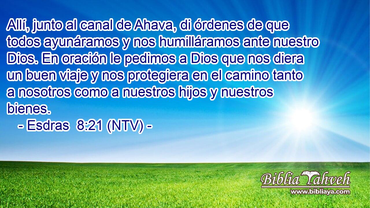 Allí, junto al canal de Ahava, di órdenes de que todos ayunáramos y nos humilláramos ante nuestro Dios. En oración le pedimos a Dios que nos diera un buen viaje y nos protegiera en el camino tanto a nosotros como a nuestros hijos y nuestros bienes.