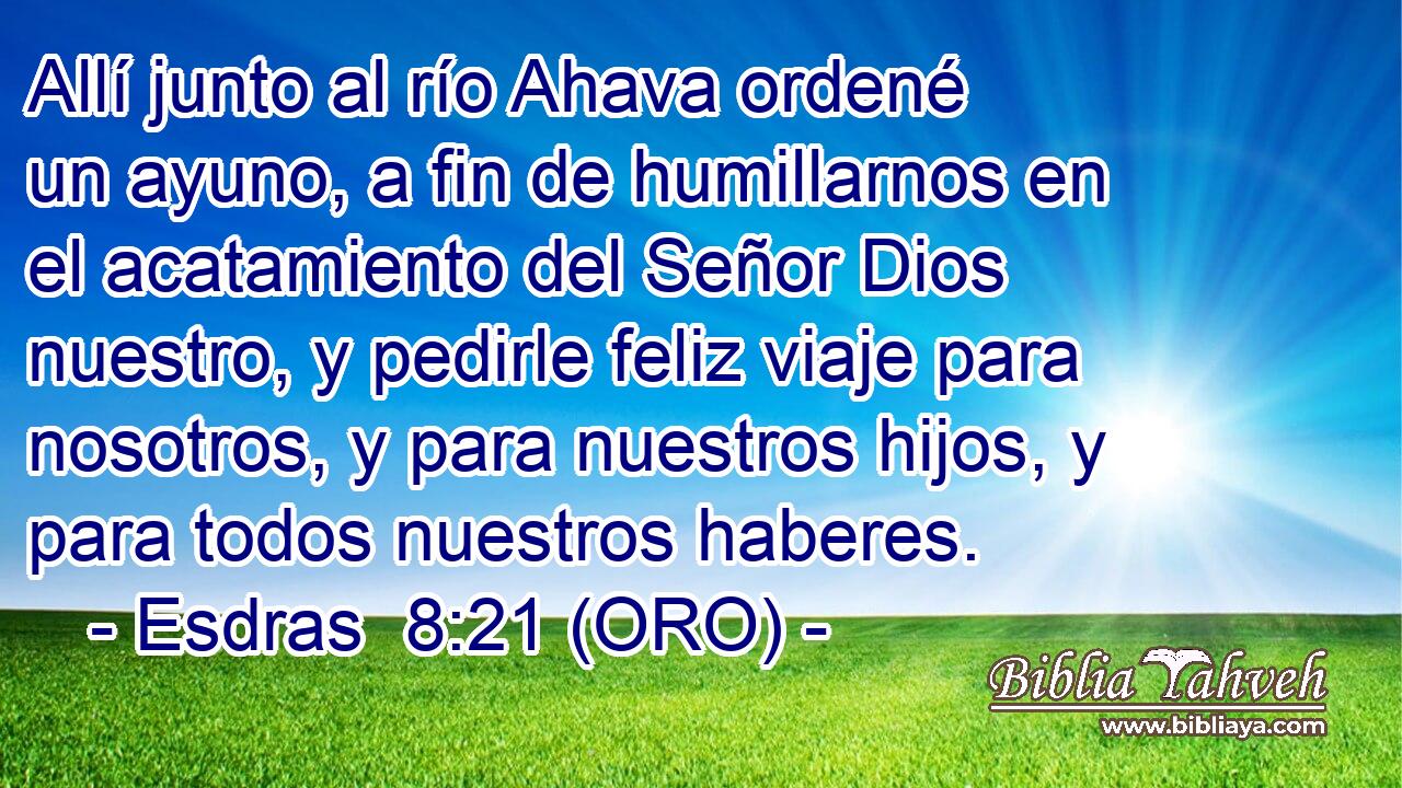  Allí junto al río Ahava ordené un ayuno, a fin de humillarnos en el acatamiento del Señor Dios nuestro, y pedirle feliz viaje para nosotros, y para nuestros hijos, y para todos nuestros haberes. 