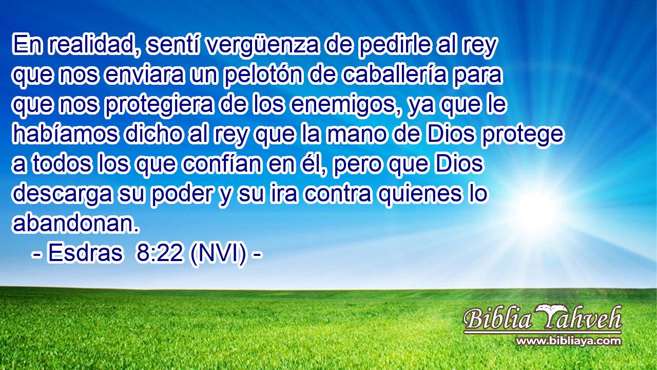  En realidad, sentí vergüenza de pedirle al rey que nos enviara un pelotón de caballería para que nos protegiera de los enemigos, ya que le habíamos dicho al rey que la mano de Dios protege a todos los que confían en él, pero que Dios descarga su poder y su ira contra quienes lo abandonan. 