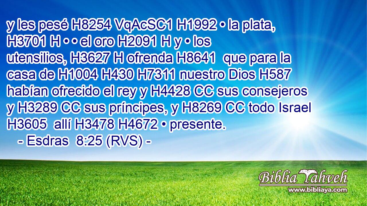 y les pesé H8254 VqAcSC1 H1992 • la plata, H3701 H • • el oro H2091 H y • los utensilios, H3627 H ofrenda H8641  que para la casa de H1004 H430 H7311 nuestro Dios H587  habían ofrecido el rey y H4428 CC sus consejeros y H3289 CC sus príncipes, y H8269 CC todo Israel H3605  allí H3478 H4672 • presente. 
