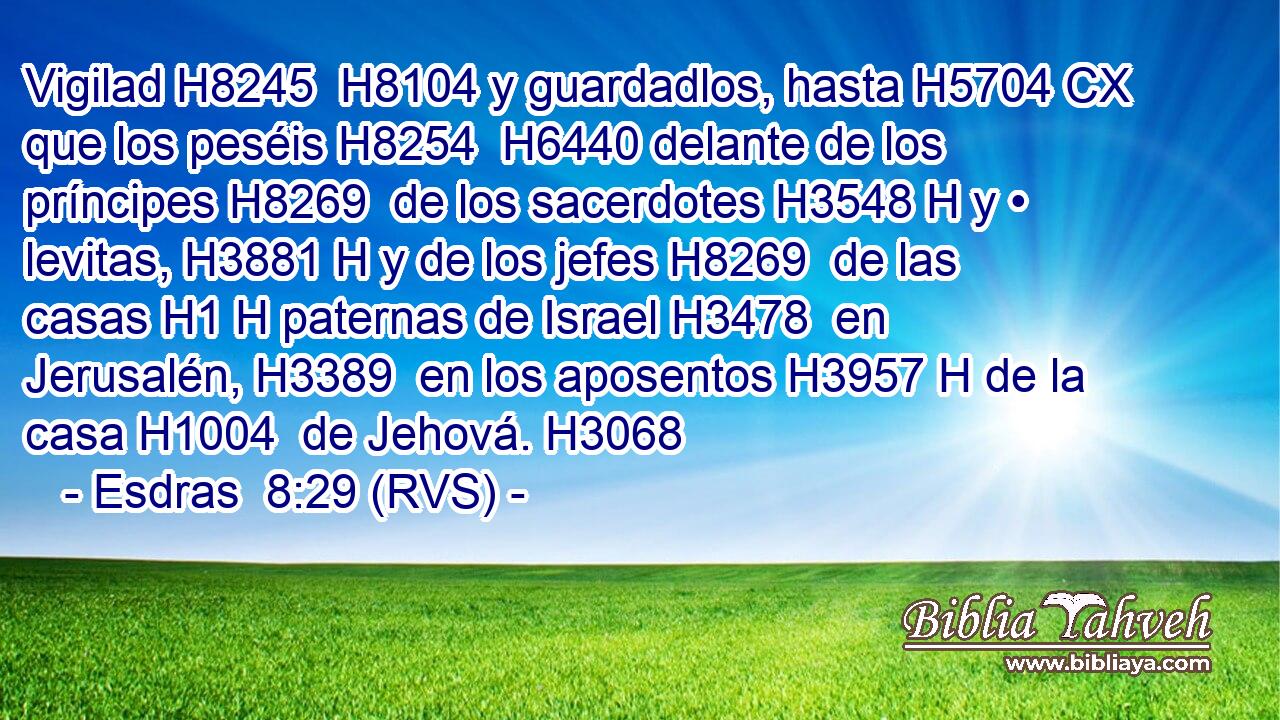 Vigilad H8245  H8104 y guardadlos, hasta H5704 CX que los peséis H8254  H6440 delante de los príncipes H8269  de los sacerdotes H3548 H y • levitas, H3881 H y de los jefes H8269  de las casas H1 H paternas de Israel H3478  en Jerusalén, H3389  en los aposentos H3957 H de la casa H1004  de Jehová. H3068  
