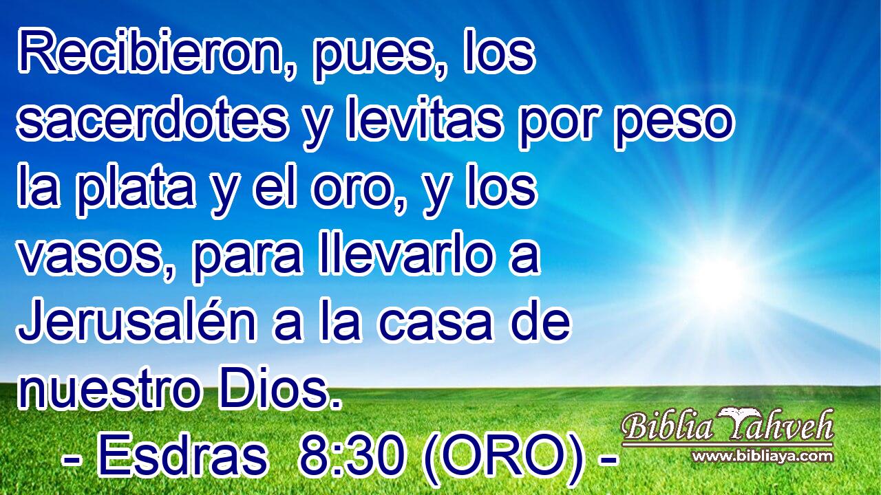  Recibieron, pues, los sacerdotes y levitas por peso la plata y el oro, y los vasos, para llevarlo a Jerusalén a la casa de nuestro Dios. 