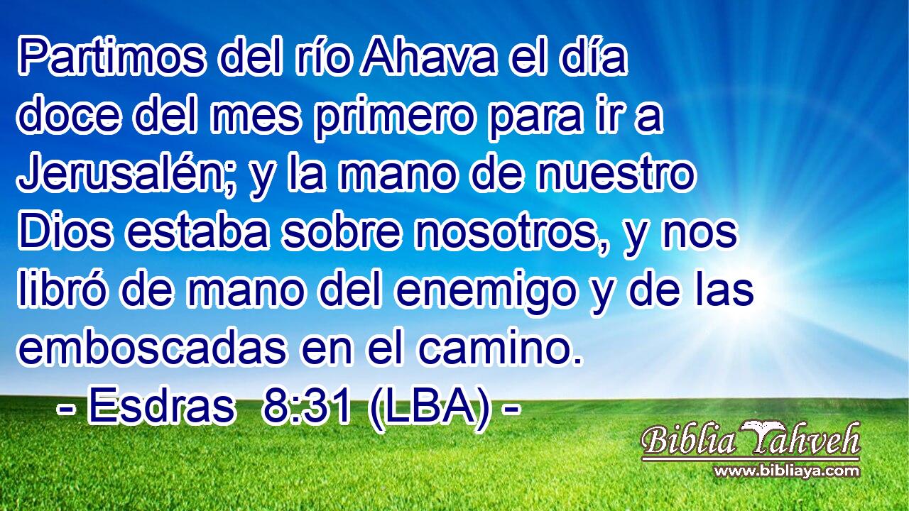 Partimos del río Ahava el día doce del mes primero para ir a Jerusalén; y la mano de nuestro Dios estaba sobre nosotros, y nos libró de mano del enemigo y de las emboscadas en el camino.