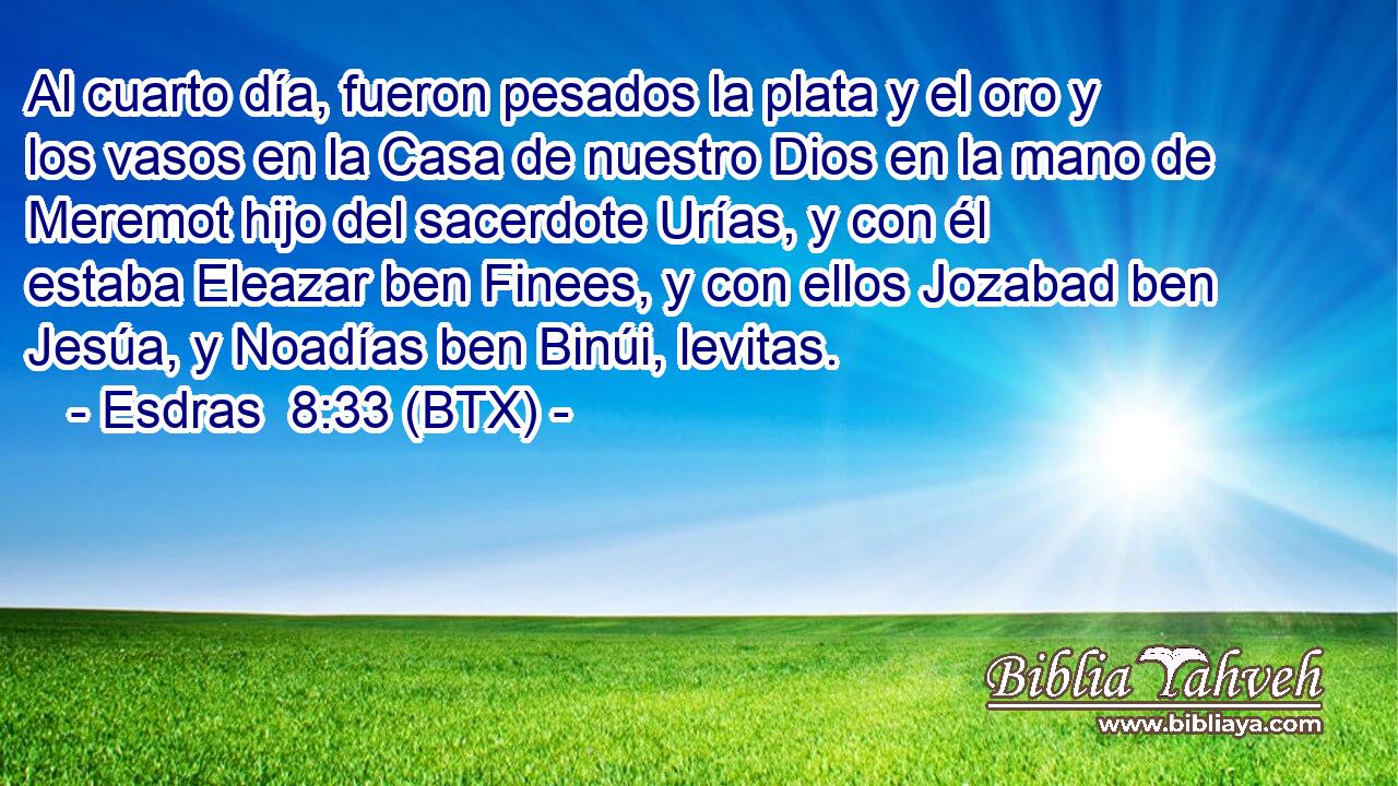 Al cuarto día, fueron pesados la plata y el oro y los vasos en la Casa de nuestro Dios en la mano de Meremot hijo del sacerdote Urías, y con él estaba Eleazar ben Finees, y con ellos Jozabad ben Jesúa, y Noadías ben Binúi, levitas.