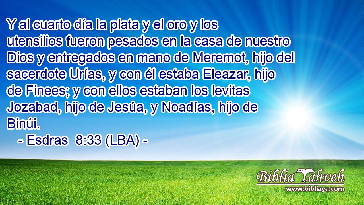 Y al cuarto día la plata y el oro y los utensilios fueron pesados en la casa de nuestro Dios y entregados en mano de Meremot, hijo del sacerdote Urías, y con él estaba Eleazar, hijo de Finees; y con ellos estaban los levitas Jozabad, hijo de Jesúa, y Noadías, hijo de Binúi.