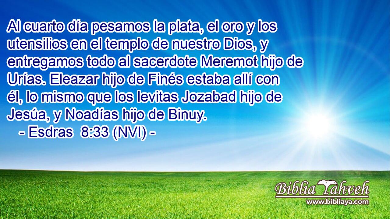  Al cuarto día pesamos la plata, el oro y los utensilios en el templo de nuestro Dios, y entregamos todo al sacerdote Meremot hijo de Urías. Eleazar hijo de Finés estaba allí con él, lo mismo que los levitas Jozabad hijo de Jesúa, y Noadías hijo de Binuy. 