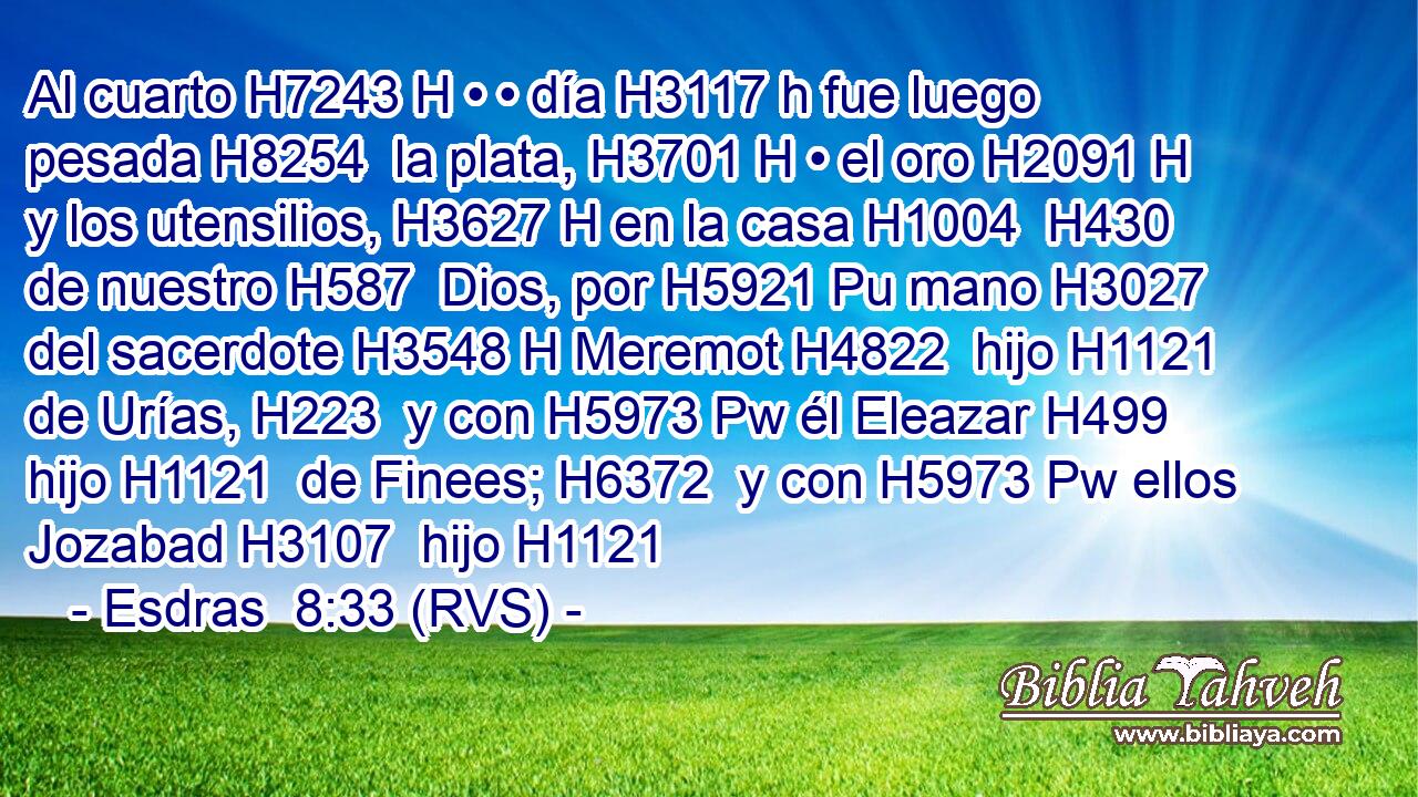 Al cuarto H7243 H • • día H3117 h fue luego pesada H8254  la plata, H3701 H • el oro H2091 H y los utensilios, H3627 H en la casa H1004  H430 de nuestro H587  Dios, por H5921 Pu mano H3027  del sacerdote H3548 H Meremot H4822  hijo H1121  de Urías, H223  y con H5973 Pw él Eleazar H499  hijo H1121  de Finees; H6372  y con H5973 Pw ellos Jozabad H3107  hijo H1121 