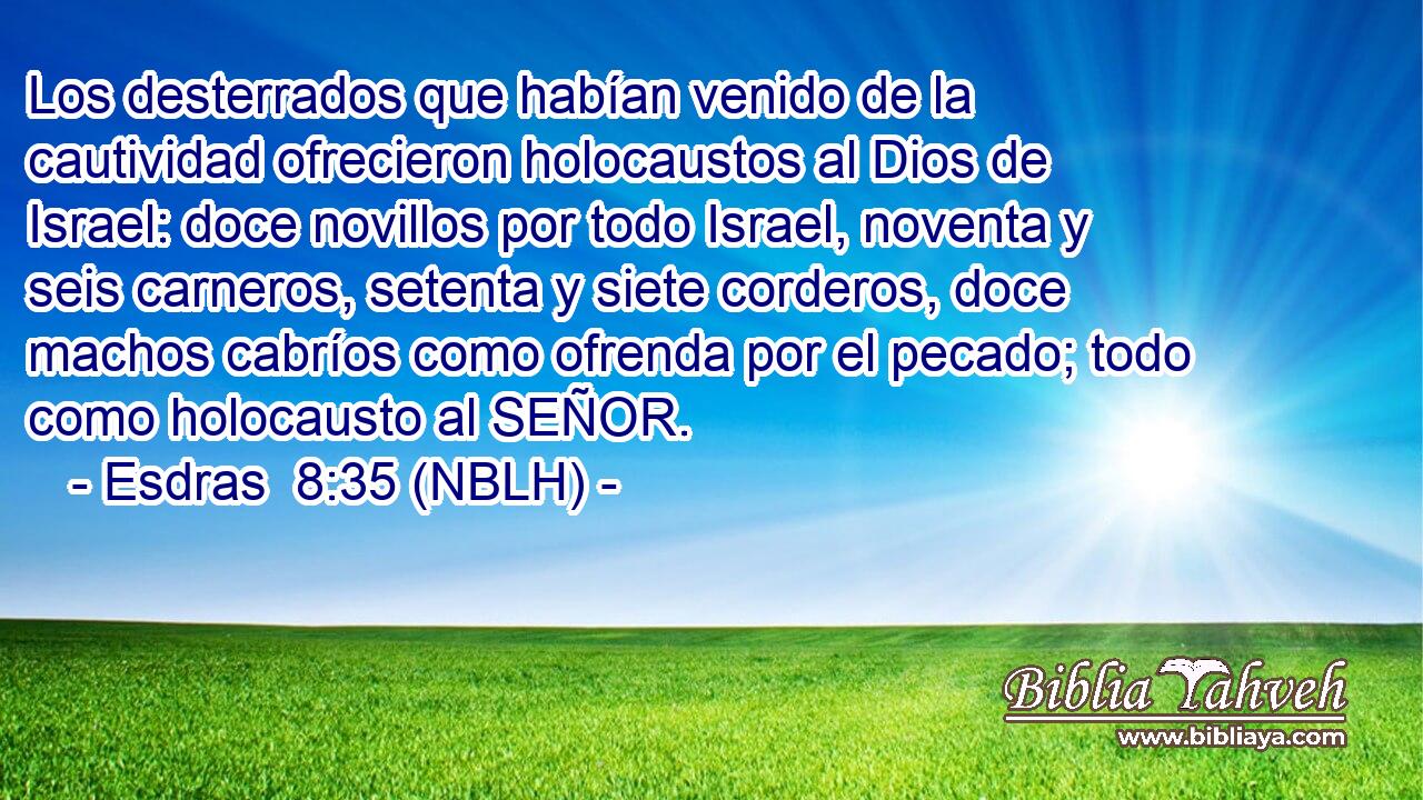  Los desterrados que habían venido de la cautividad ofrecieron holocaustos al Dios de Israel: doce novillos por todo Israel, noventa y seis carneros, setenta y siete corderos, doce machos cabríos como ofrenda por el pecado; todo como holocausto al SEÑOR. 