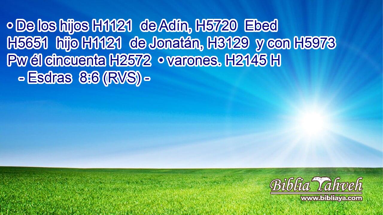 • De los hijos H1121  de Adín, H5720  Ebed H5651  hijo H1121  de Jonatán, H3129  y con H5973 Pw él cincuenta H2572  • varones. H2145 H 