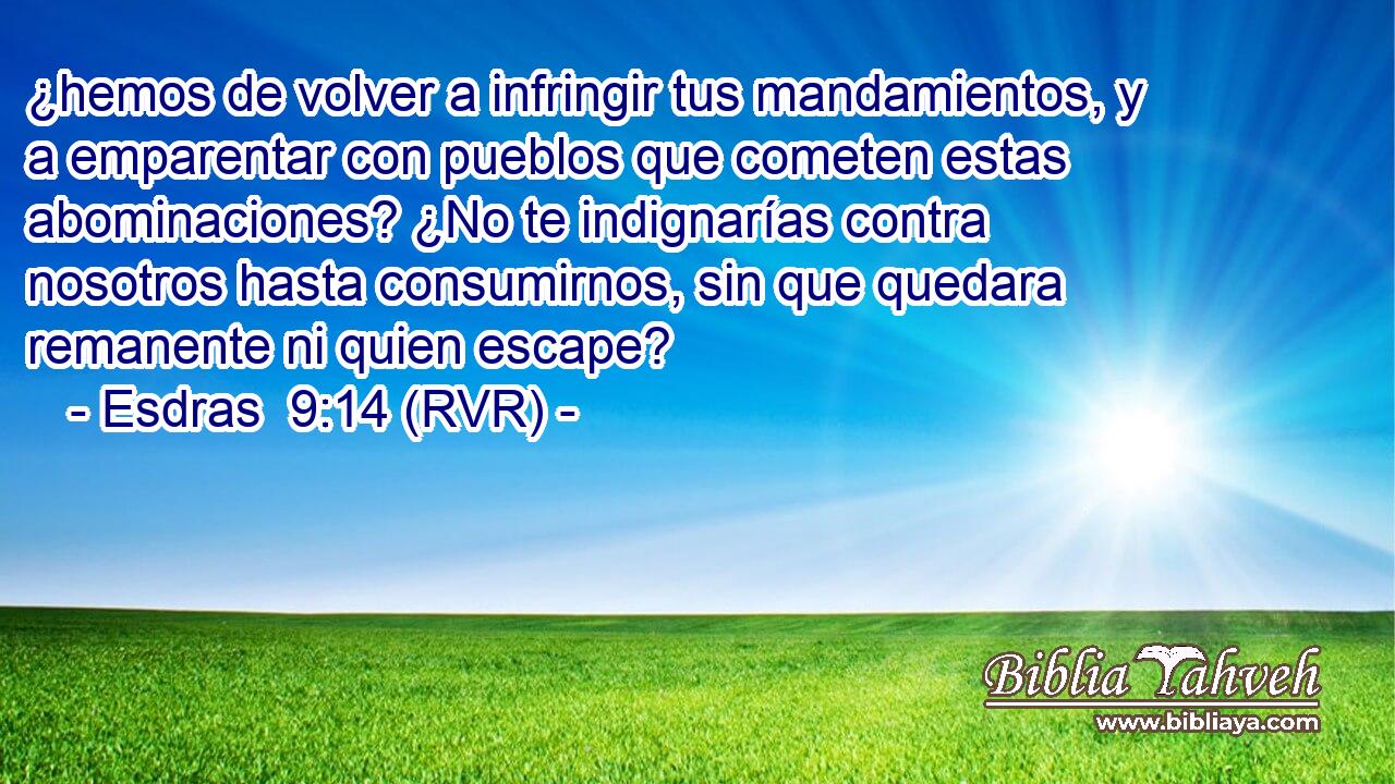 ¿hemos de volver a infringir tus mandamientos, y a emparentar con pueblos que cometen estas abominaciones? ¿No te indignarías contra nosotros hasta consumirnos, sin que quedara remanente ni quien escape?