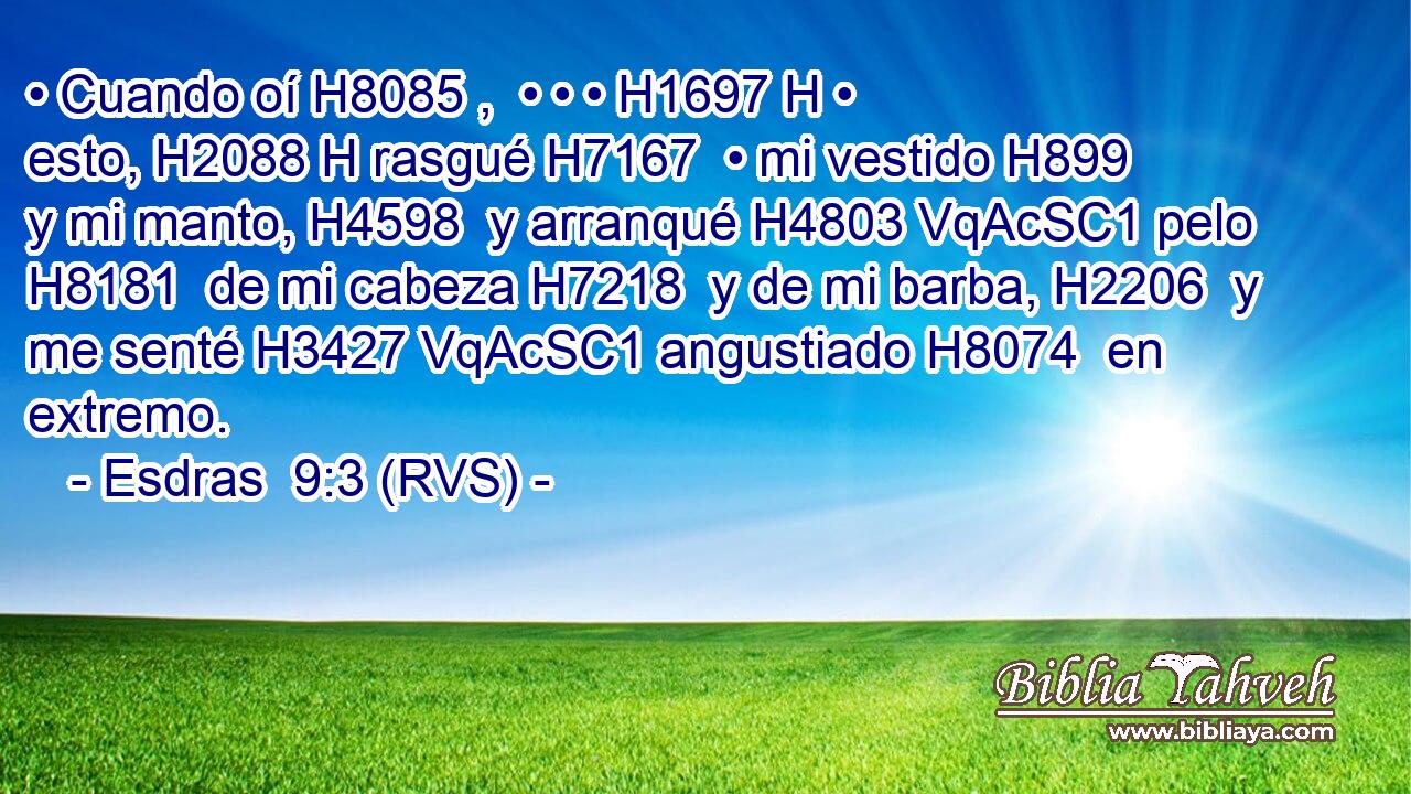 • Cuando oí H8085 ,  • • • H1697 H • esto, H2088 H rasgué H7167  • mi vestido H899  y mi manto, H4598  y arranqué H4803 VqAcSC1 pelo H8181  de mi cabeza H7218  y de mi barba, H2206  y me senté H3427 VqAcSC1 angustiado H8074  en extremo. 