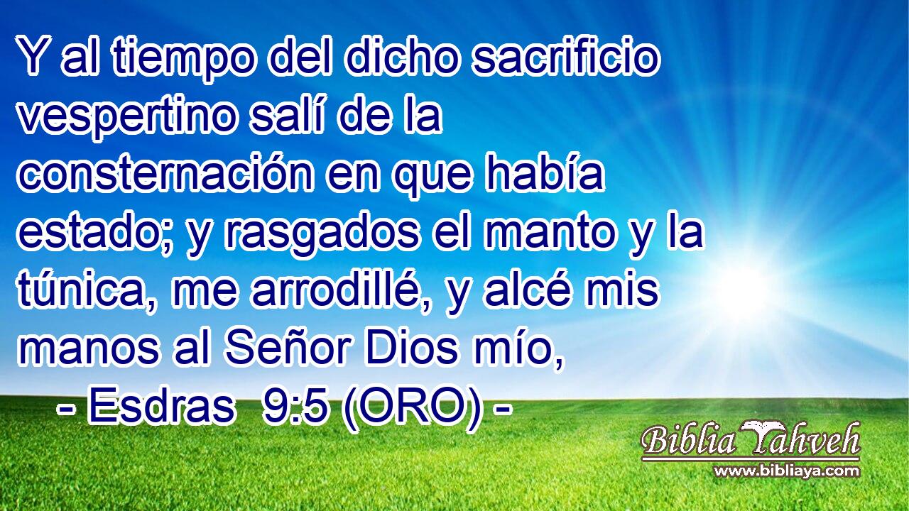  Y al tiempo del dicho sacrificio vespertino salí de la consternación en que había estado; y rasgados el manto y la túnica, me arrodillé, y alcé mis manos al Señor Dios mío, 
