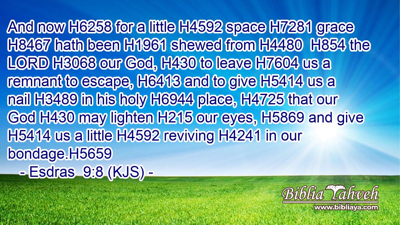 And now H6258 for a little H4592 space H7281 grace H8467 hath been H1961 shewed from H4480  H854 the LORD H3068 our God, H430 to leave H7604 us a remnant to escape, H6413 and to give H5414 us a nail H3489 in his holy H6944 place, H4725 that our God H430 may lighten H215 our eyes, H5869 and give H5414 us a little H4592 reviving H4241 in our bondage.H5659