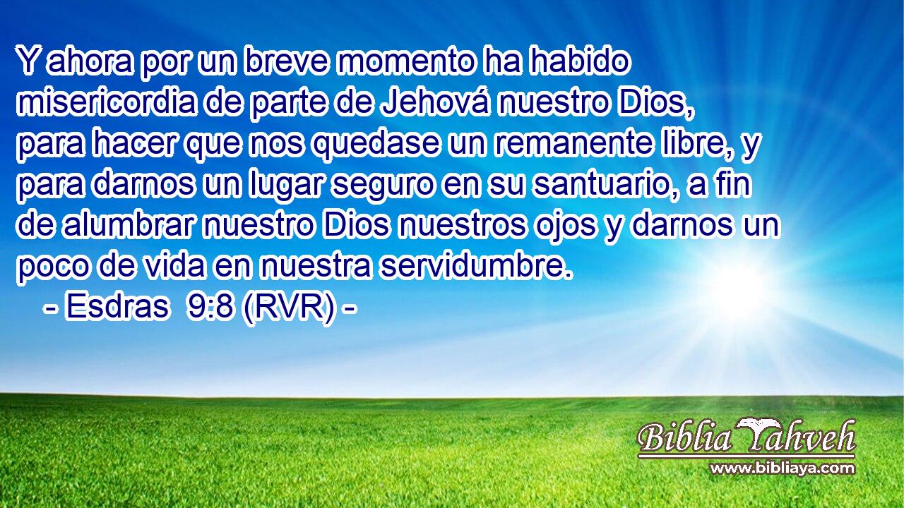 Y ahora por un breve momento ha habido misericordia de parte de Jehová nuestro Dios, para hacer que nos quedase un remanente libre, y para darnos un lugar seguro en su santuario, a fin de alumbrar nuestro Dios nuestros ojos y darnos un poco de vida en nuestra servidumbre.