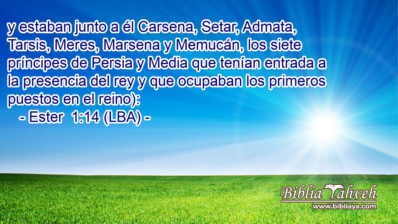 y estaban junto a él Carsena, Setar, Admata, Tarsis, Meres, Marsena y Memucán, los siete príncipes de Persia y Media que tenían entrada a la presencia del rey y que ocupaban los primeros puestos en el reino):