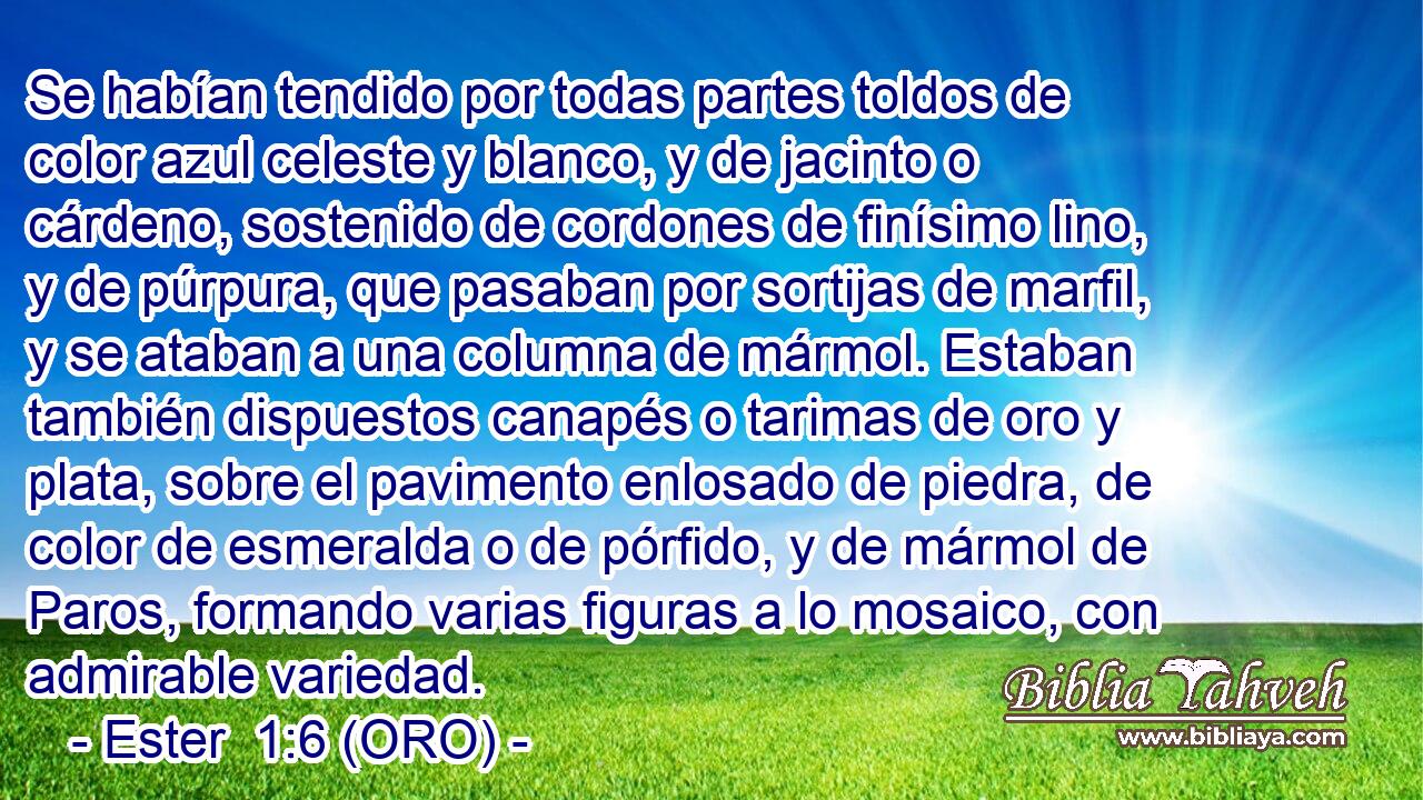  Se habían tendido por todas partes toldos de color azul celeste y blanco, y de jacinto o cárdeno, sostenido de cordones de finísimo lino, y de púrpura, que pasaban por sortijas de marfil, y se ataban a una columna de mármol. Estaban también dispuestos canapés o tarimas de oro y plata, sobre el pavimento enlosado de piedra, de color de esmeralda o de pórfido, y de mármol de Paros, formando varias figuras a lo mosaico, con admirable variedad. 