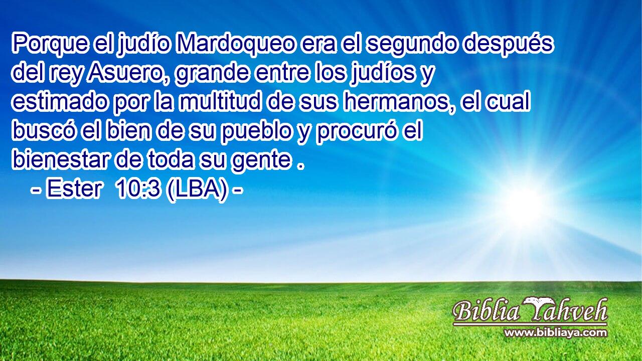Porque el judío Mardoqueo era el segundo después del rey Asuero, grande entre los judíos y estimado por la multitud de sus hermanos, el cual buscó el bien de su pueblo y procuró el bienestar de toda su gente .