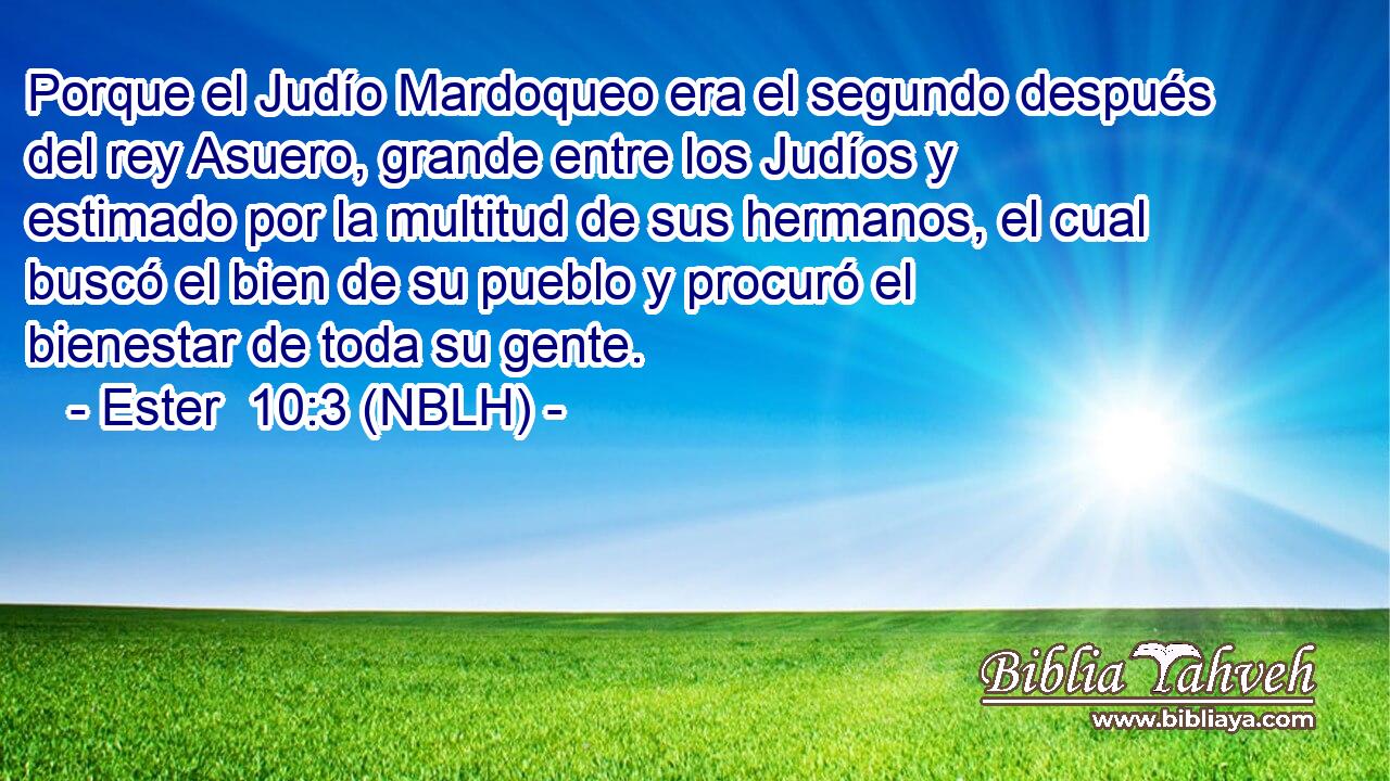  Porque el Judío Mardoqueo era el segundo después del rey Asuero, grande entre los Judíos y estimado por la multitud de sus hermanos, el cual buscó el bien de su pueblo y procuró el bienestar de toda su gente. 