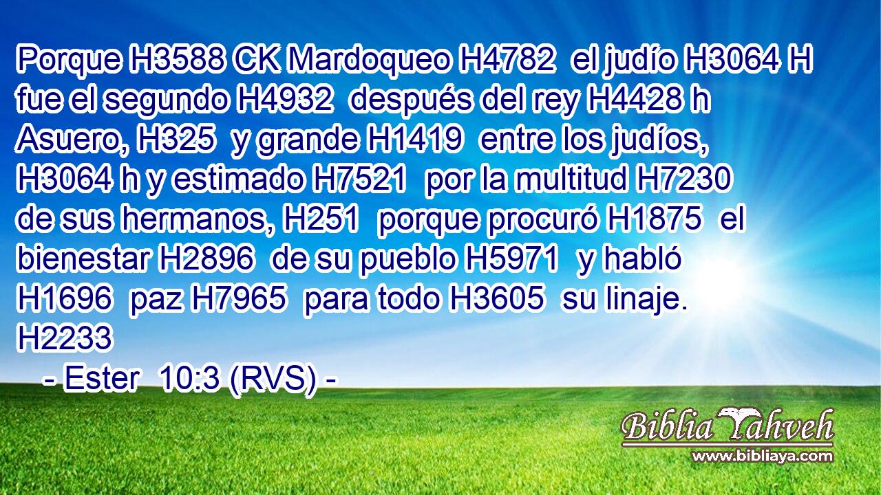 Porque H3588 CK Mardoqueo H4782  el judío H3064 H fue el segundo H4932  después del rey H4428 h Asuero, H325  y grande H1419  entre los judíos, H3064 h y estimado H7521  por la multitud H7230  de sus hermanos, H251  porque procuró H1875  el bienestar H2896  de su pueblo H5971  y habló H1696  paz H7965  para todo H3605  su linaje. H2233  