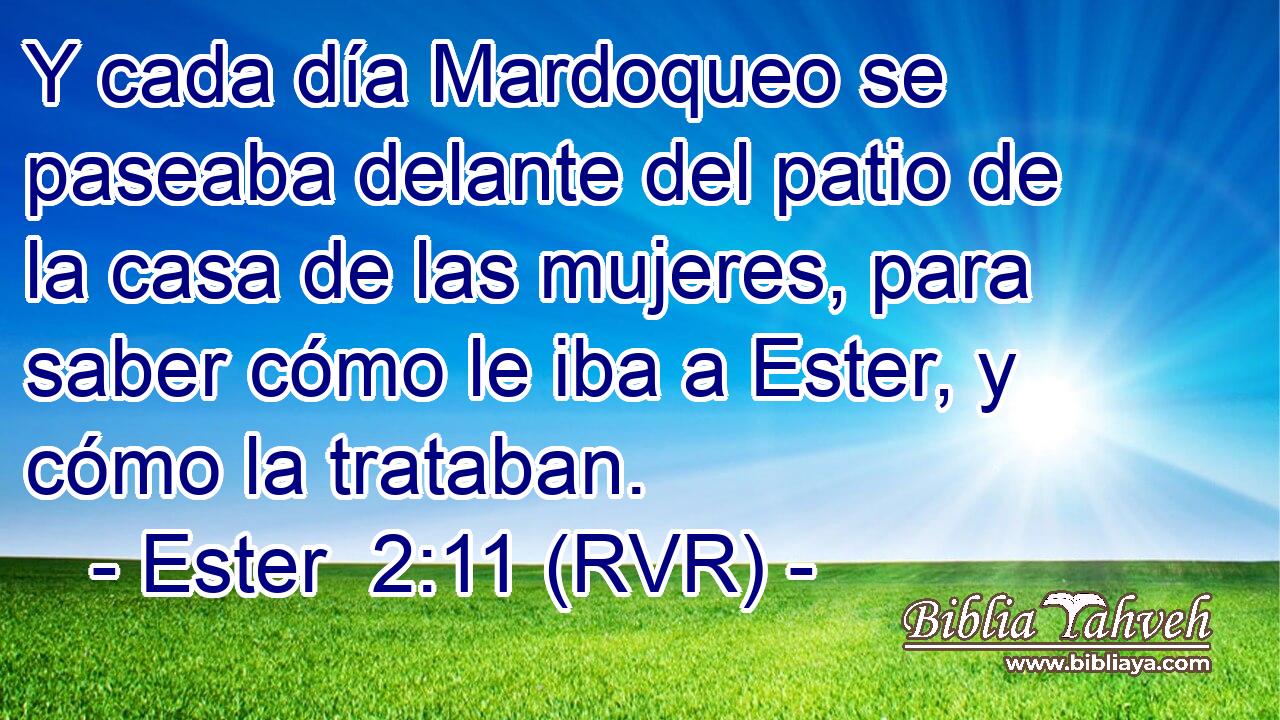 Y cada día Mardoqueo se paseaba delante del patio de la casa de las mujeres, para saber cómo le iba a Ester, y cómo la trataban.