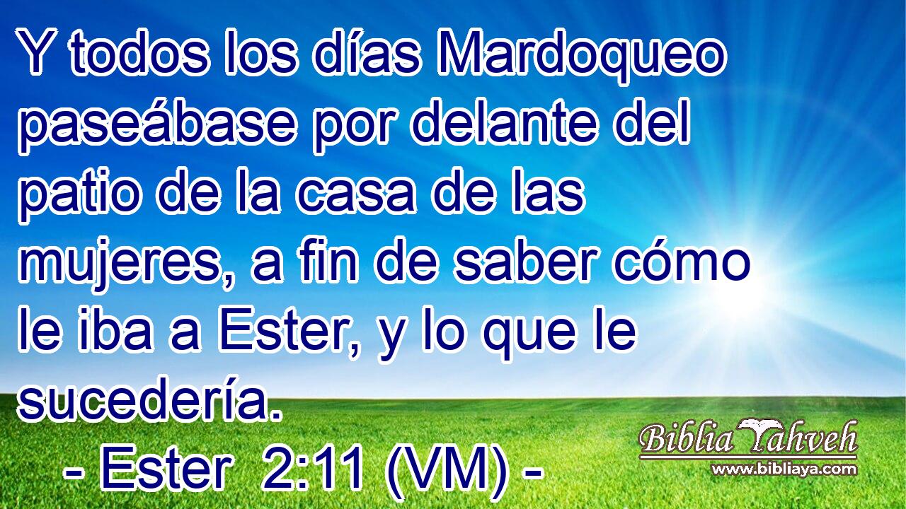  Y todos los días Mardoqueo paseábase por delante del patio de la casa de las mujeres, a fin de saber cómo le iba a Ester, y lo que le sucedería. 