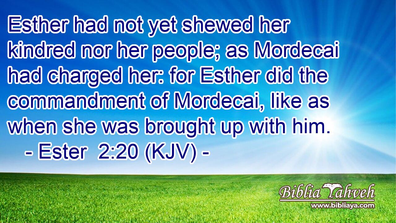 Esther had not yet shewed her kindred nor her people; as Mordecai had charged her: for Esther did the commandment of Mordecai, like as when she was brought up with him.