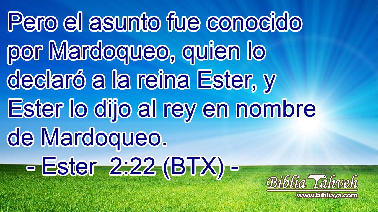 Pero el asunto fue conocido por Mardoqueo, quien lo declaró a la reina Ester, y Ester lo dijo al rey en nombre de Mardoqueo.