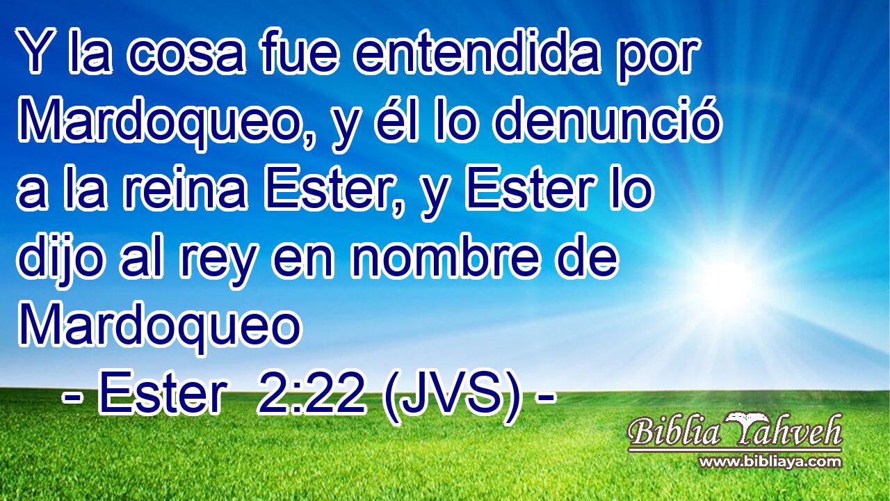 Y la cosa fue entendida por Mardoqueo, y él lo denunció a la reina Ester, y Ester lo dijo al rey en nombre de Mardoqueo