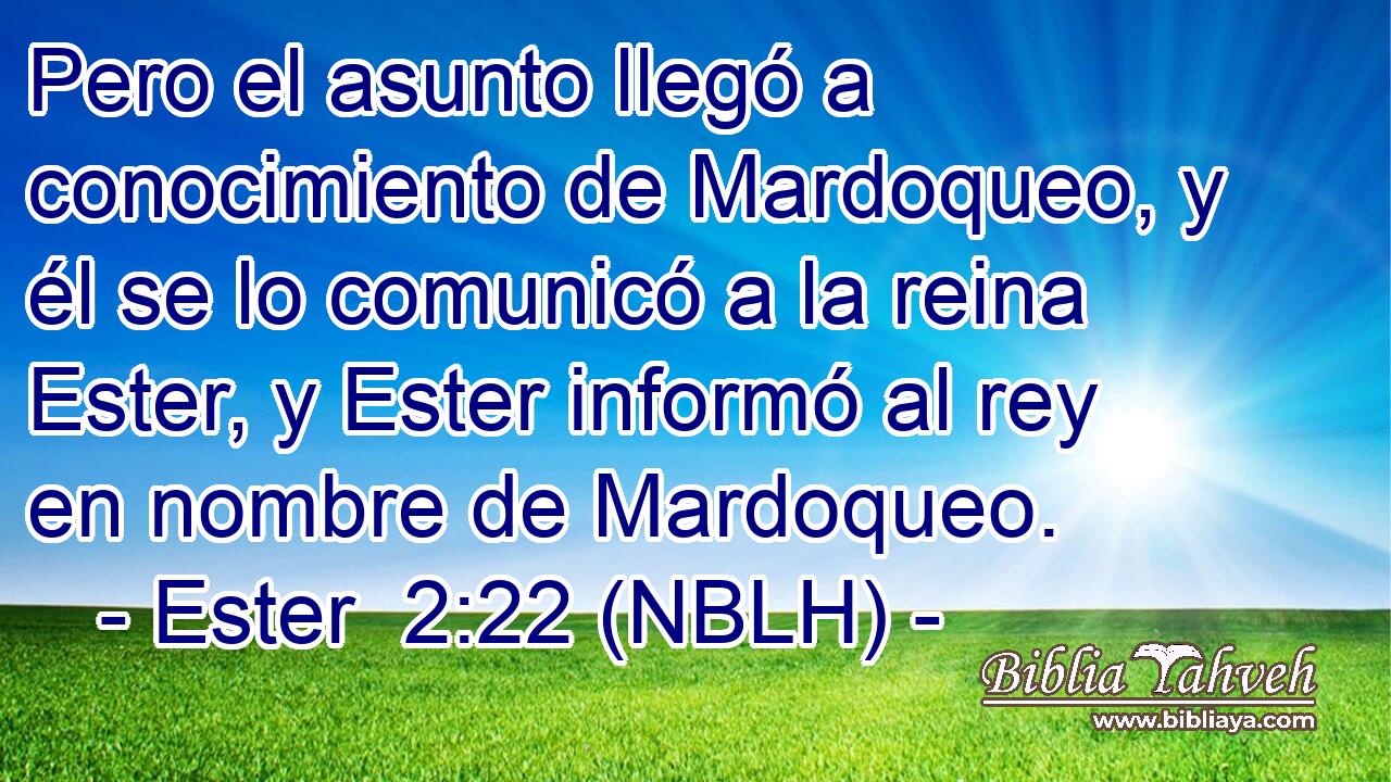  Pero el asunto llegó a conocimiento de Mardoqueo, y él se lo comunicó a la reina Ester, y Ester informó al rey en nombre de Mardoqueo. 