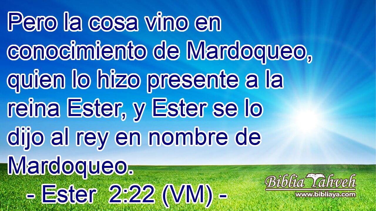  Pero la cosa vino en conocimiento de Mardoqueo, quien lo hizo presente a la reina Ester, y Ester se lo dijo al rey en nombre de Mardoqueo. 