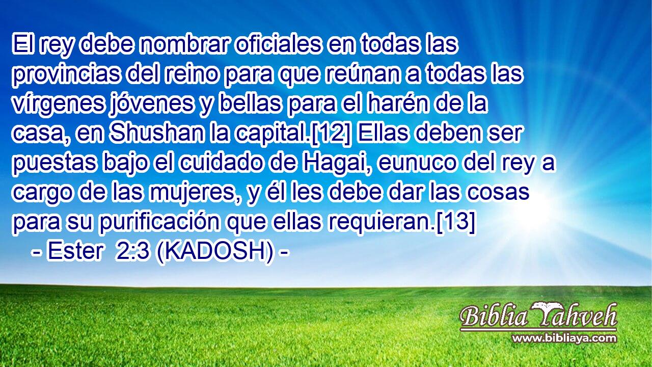  El rey debe nombrar oficiales en todas las provincias del reino para que reúnan a todas las vírgenes jóvenes y bellas para el harén de la casa, en Shushan la capital.[12] Ellas deben ser puestas bajo el cuidado de Hagai, eunuco del rey a cargo de las mujeres, y él les debe dar las cosas para su purificación que ellas requieran.[13] 