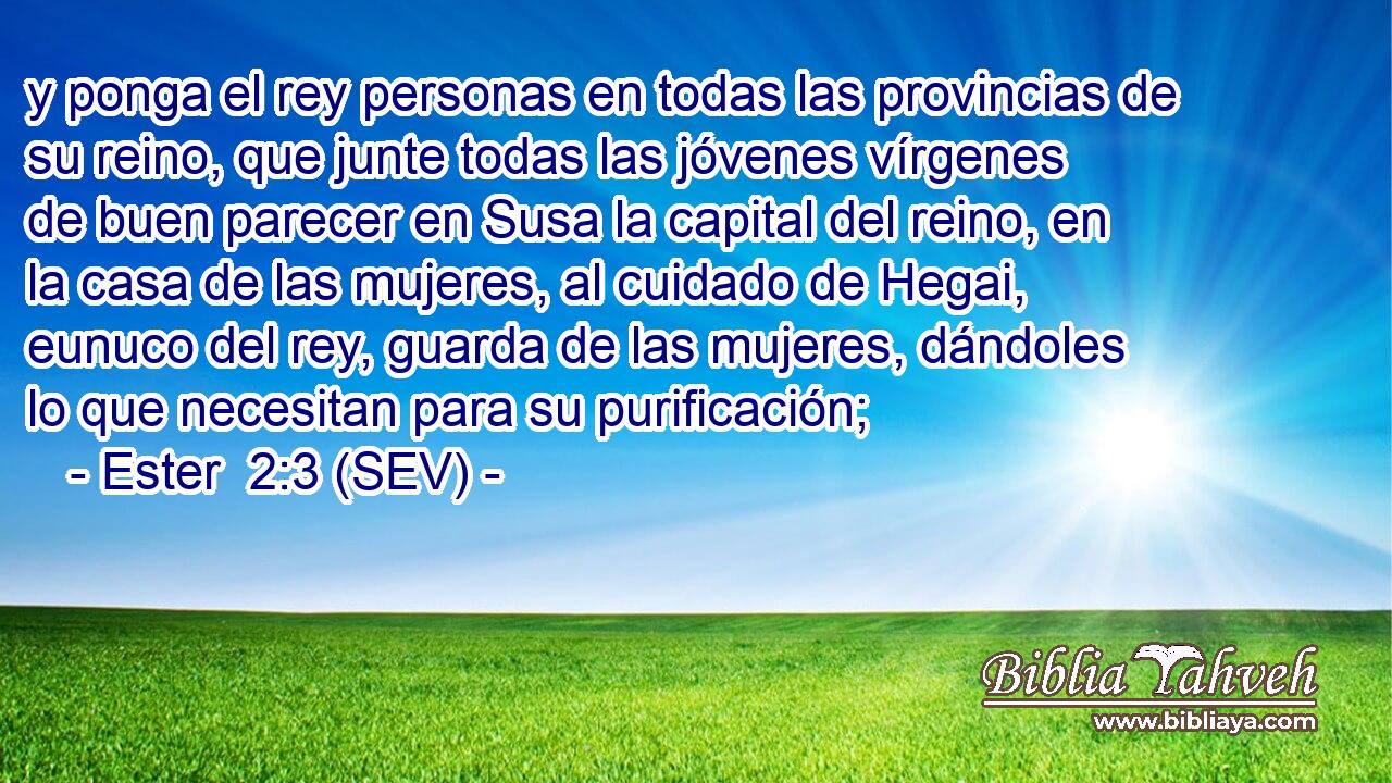 y ponga el rey personas en todas las provincias de su reino, que junte todas las jóvenes vírgenes de buen parecer en Susa la capital del reino, en la casa de las mujeres, al cuidado de Hegai, eunuco del rey, guarda de las mujeres, dándoles lo que necesitan para su purificación;