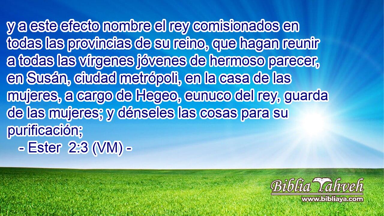  y a este efecto nombre el rey comisionados en todas las provincias de su reino, que hagan reunir a todas las vírgenes jóvenes de hermoso parecer, en Susán, ciudad metrópoli, en la casa de las mujeres, a cargo de Hegeo, eunuco del rey, guarda de las mujeres; y dénseles las cosas para su purificación; 