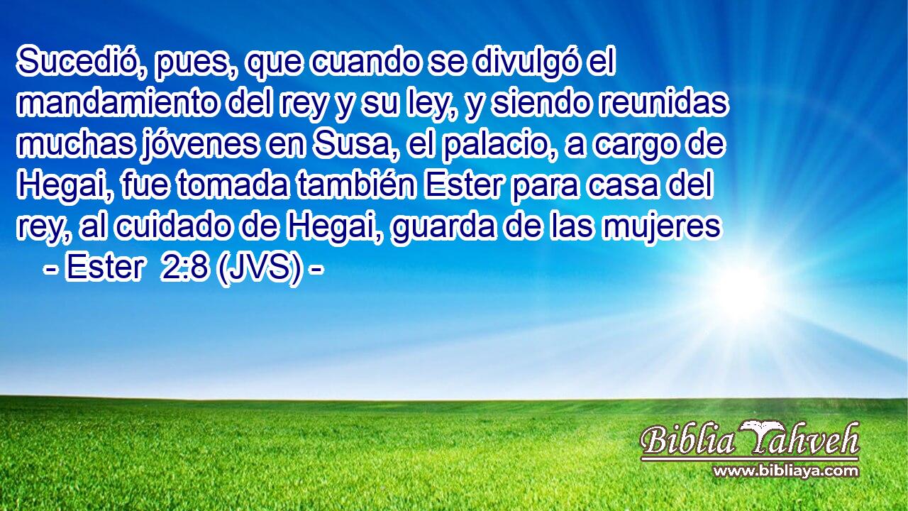 Sucedió, pues, que cuando se divulgó el mandamiento del rey y su ley, y siendo reunidas muchas jóvenes en Susa, el palacio, a cargo de Hegai, fue tomada también Ester para casa del rey, al cuidado de Hegai, guarda de las mujeres