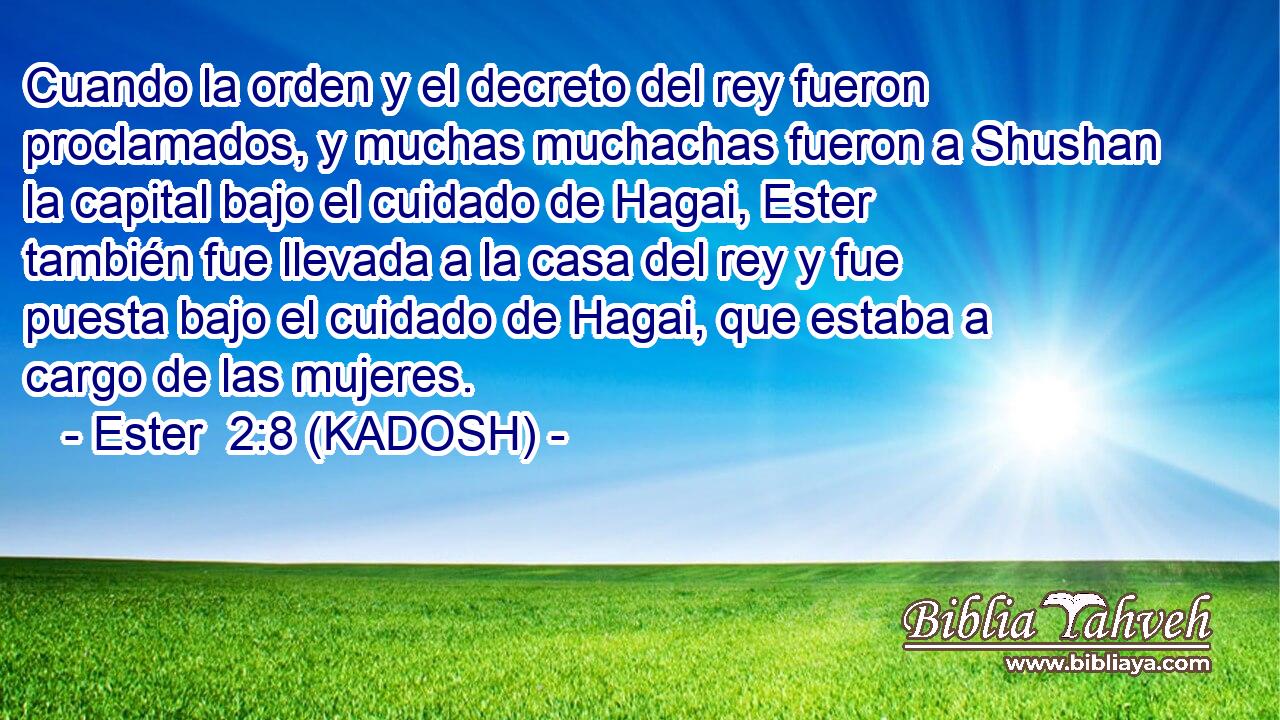  Cuando la orden y el decreto del rey fueron proclamados, y muchas muchachas fueron a Shushan la capital bajo el cuidado de Hagai, Ester también fue llevada a la casa del rey y fue puesta bajo el cuidado de Hagai, que estaba a cargo de las mujeres. 