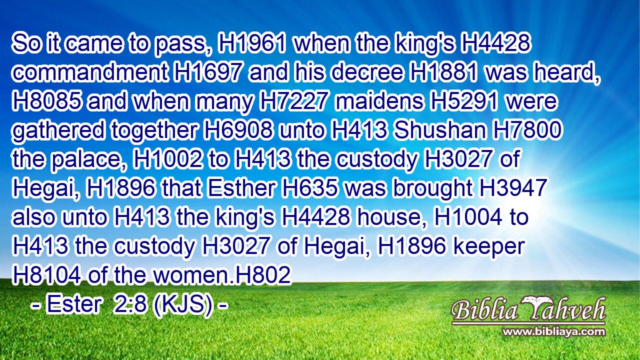 So it came to pass, H1961 when the king's H4428 commandment H1697 and his decree H1881 was heard, H8085 and when many H7227 maidens H5291 were gathered together H6908 unto H413 Shushan H7800 the palace, H1002 to H413 the custody H3027 of Hegai, H1896 that Esther H635 was brought H3947 also unto H413 the king's H4428 house, H1004 to H413 the custody H3027 of Hegai, H1896 keeper H8104 of the women.H802