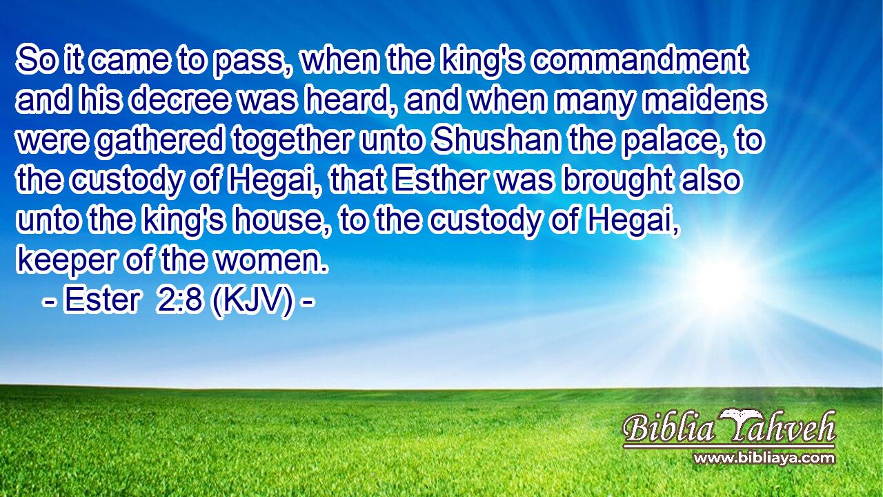 So it came to pass, when the king's commandment and his decree was heard, and when many maidens were gathered together unto Shushan the palace, to the custody of Hegai, that Esther was brought also unto the king's house, to the custody of Hegai, keeper of the women.