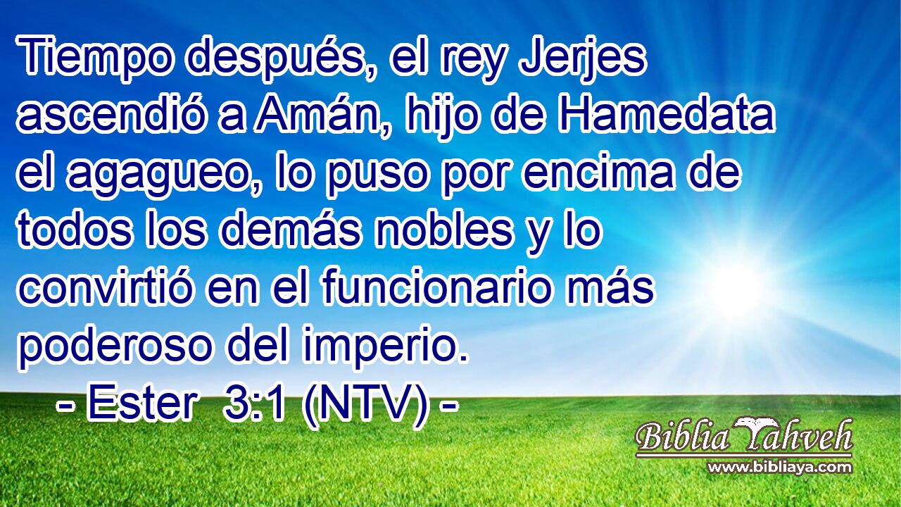 Tiempo después, el rey Jerjes ascendió a Amán, hijo de Hamedata el agagueo, lo puso por encima de todos los demás nobles y lo convirtió en el funcionario más poderoso del imperio.