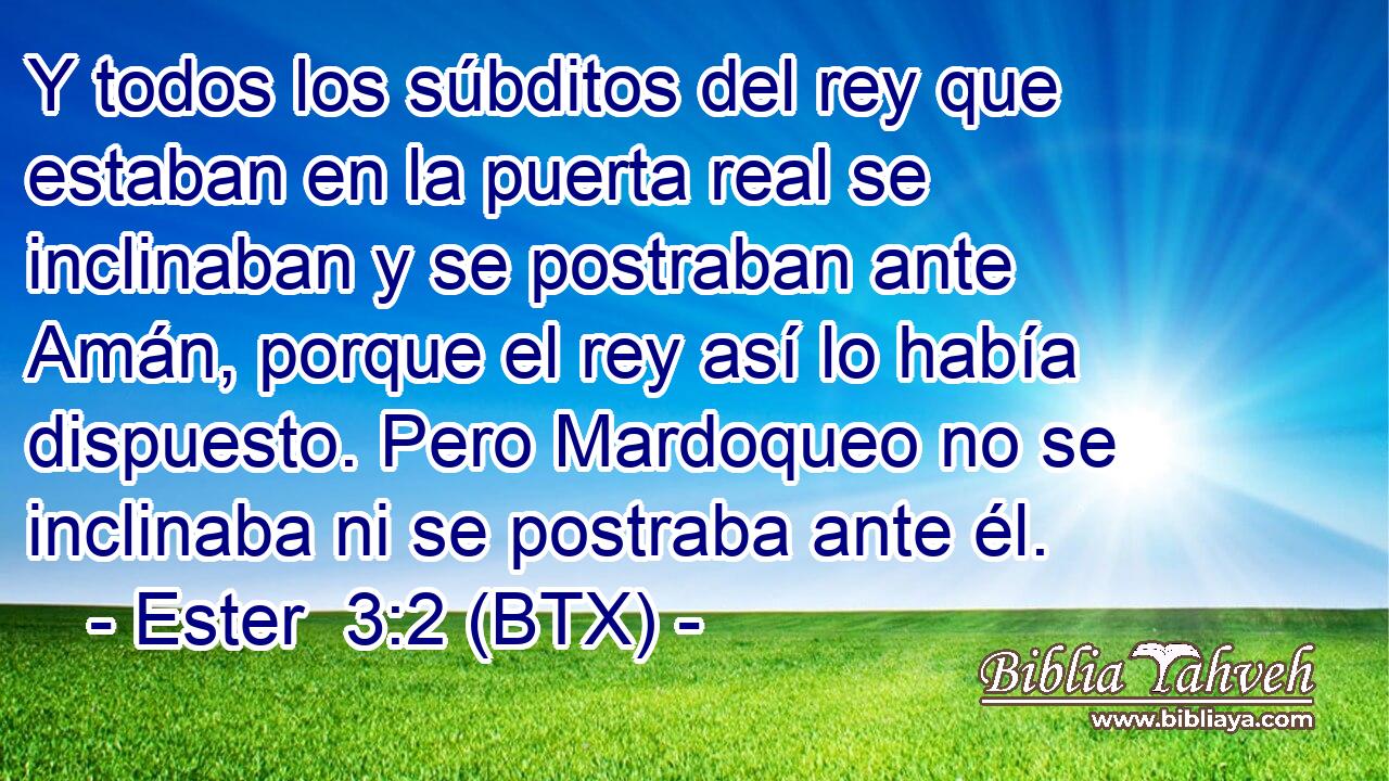 Y todos los súbditos del rey que estaban en la puerta real se inclinaban y se postraban ante Amán, porque el rey así lo había dispuesto. Pero Mardoqueo no se inclinaba ni se postraba ante él.