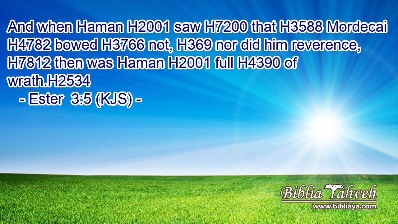And when Haman H2001 saw H7200 that H3588 Mordecai H4782 bowed H3766 not, H369 nor did him reverence, H7812 then was Haman H2001 full H4390 of wrath.H2534