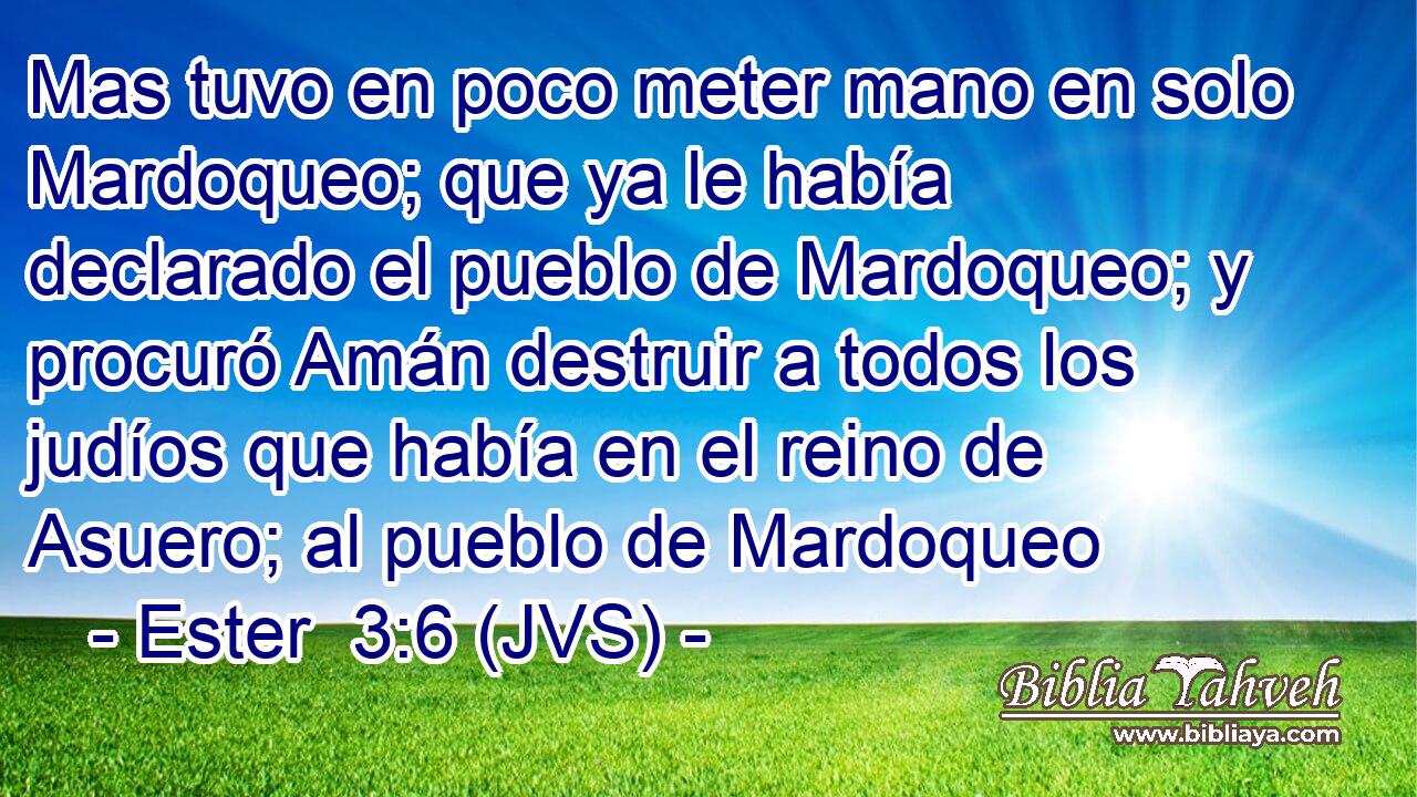 Mas tuvo en poco meter mano en solo Mardoqueo; que ya le había declarado el pueblo de Mardoqueo; y procuró Amán destruir a todos los judíos que había en el reino de Asuero; al pueblo de Mardoqueo