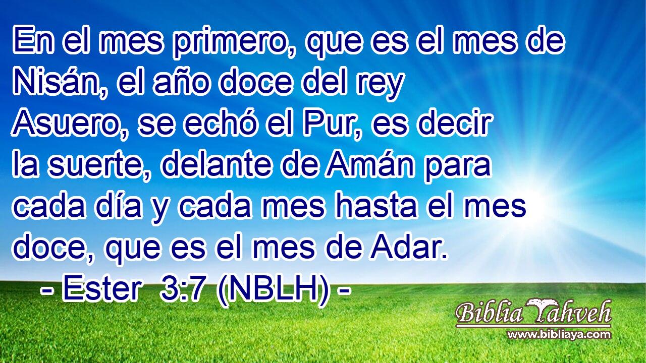  En el mes primero, que es el mes de Nisán, el año doce del rey Asuero, se echó el Pur, es decir la suerte, delante de Amán para cada día y cada mes hasta el mes doce, que es el mes de Adar. 