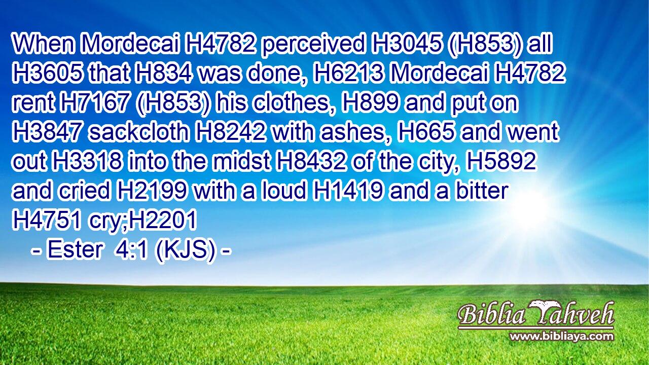 When Mordecai H4782 perceived H3045 (H853) all H3605 that H834 was done, H6213 Mordecai H4782 rent H7167 (H853) his clothes, H899 and put on H3847 sackcloth H8242 with ashes, H665 and went out H3318 into the midst H8432 of the city, H5892 and cried H2199 with a loud H1419 and a bitter H4751 cry;H2201