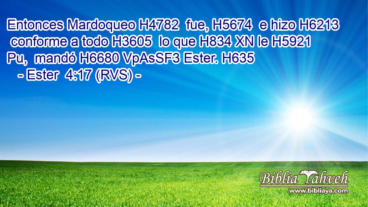 Entonces Mardoqueo H4782  fue, H5674  e hizo H6213  conforme a todo H3605  lo que H834 XN le H5921 Pu,  mandó H6680 VpAsSF3 Ester. H635  