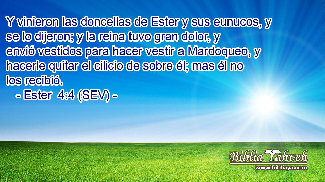 Y vinieron las doncellas de Ester y sus eunucos, y se lo dijeron; y la reina tuvo gran dolor, y envió vestidos para hacer vestir a Mardoqueo, y hacerle quitar el cilicio de sobre él; mas él no los recibió.