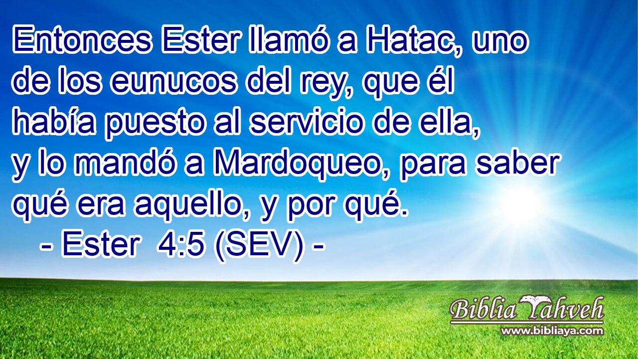 Entonces Ester llamó a Hatac, uno de los eunucos del rey, que él había puesto al servicio de ella, y lo mandó a Mardoqueo, para saber qué era aquello, y por qué.